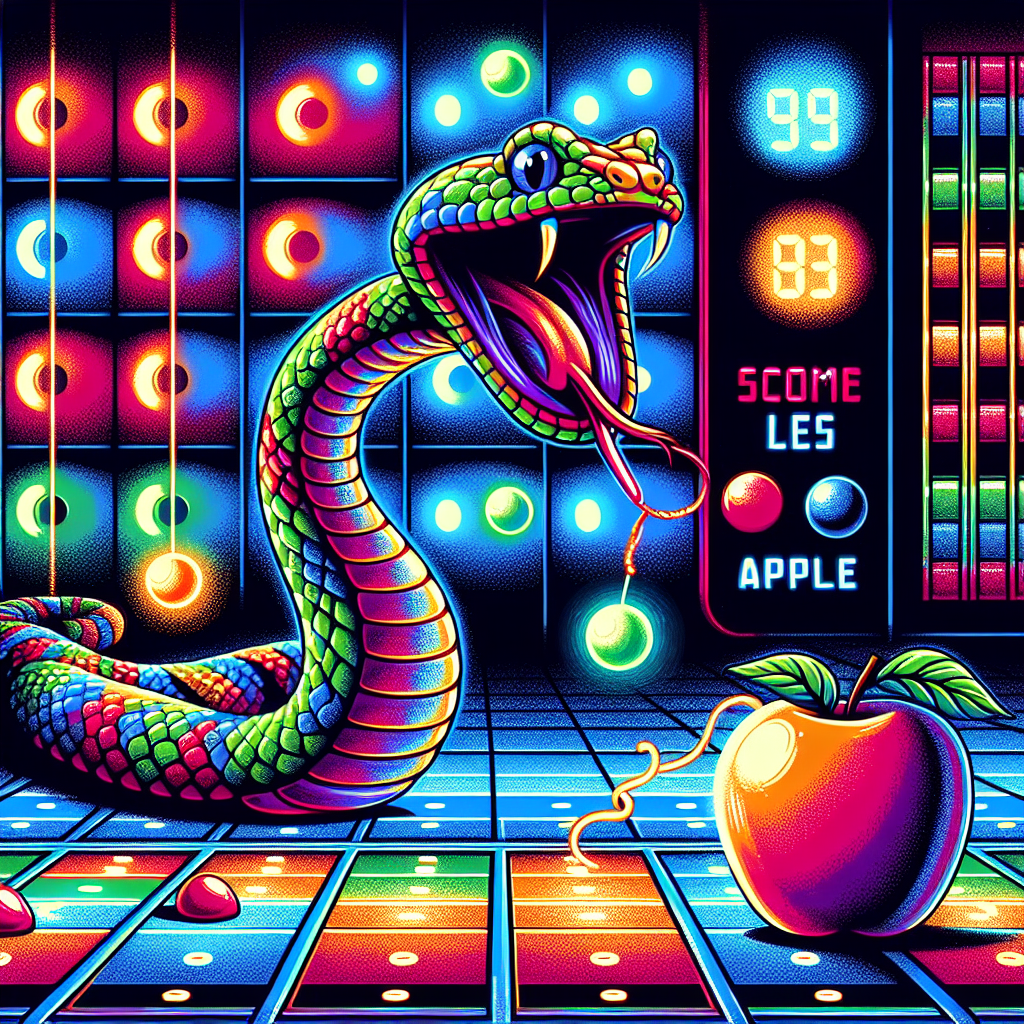 A vibrant illustration of a snake game with a snake, food, and a scoreboard